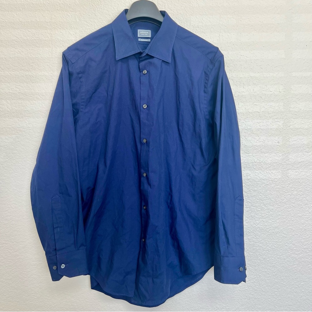 Arrow Button Up Shirt Blue Long Sleeve Slim Fit Men’s L 16 1/2